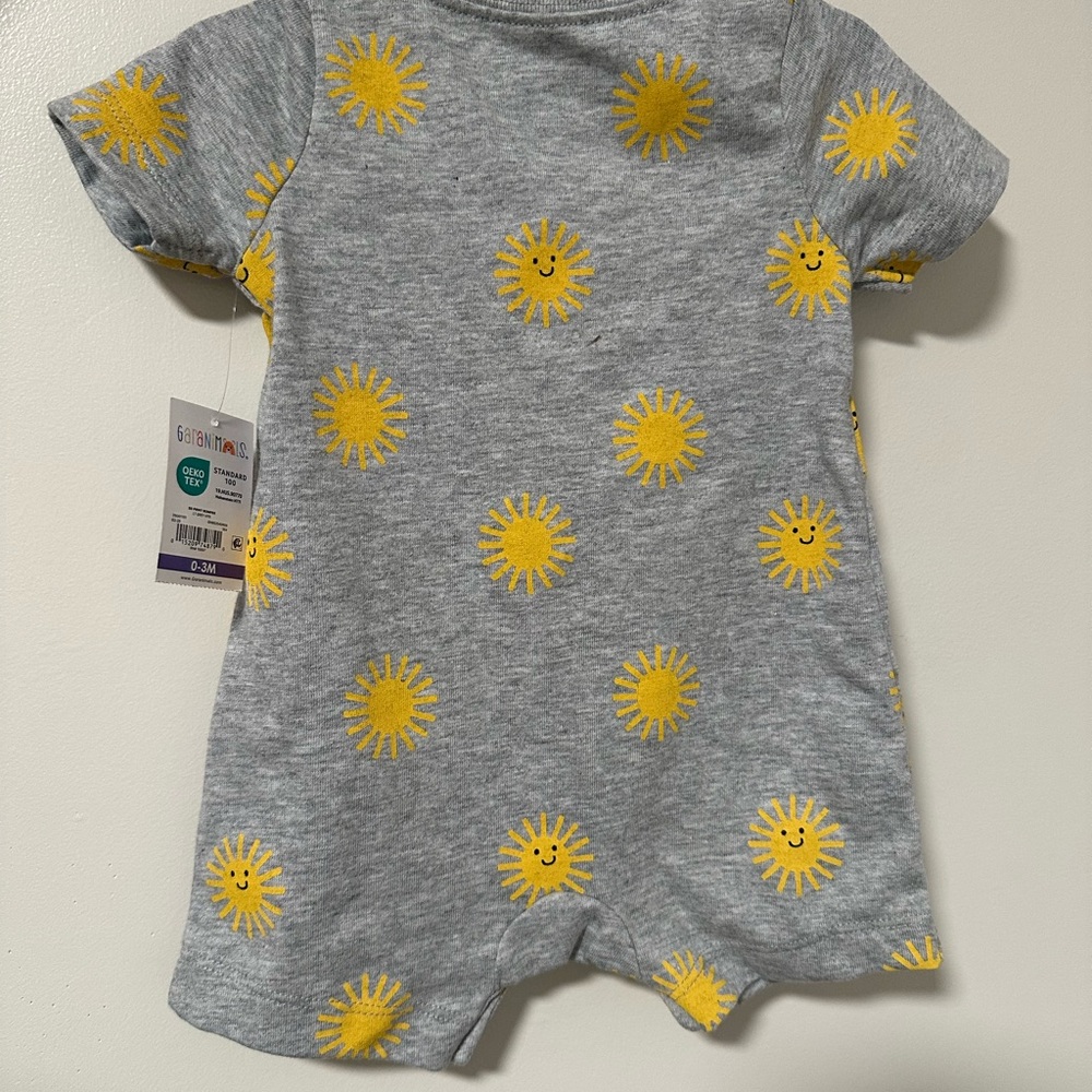 Gray Baby Romper with Yellow Sun Prints